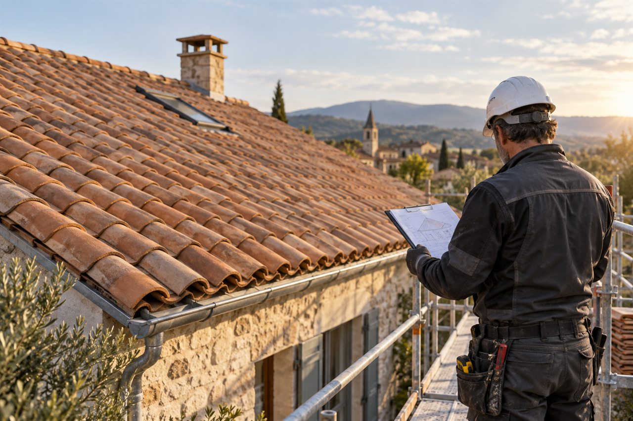 Artisan couvreur étudiant un plan de toiture