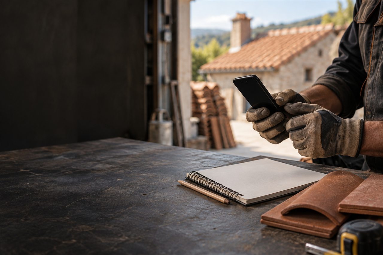 Artisan couvreur préparant une demande depuis son atelier