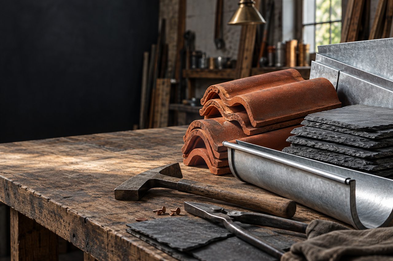 Tuiles, ardoises, zinc et outils de couvreur