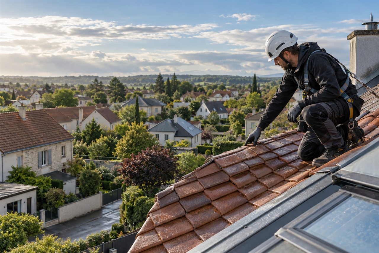 Couvreur inspectant une toiture dans un secteur résidentiel